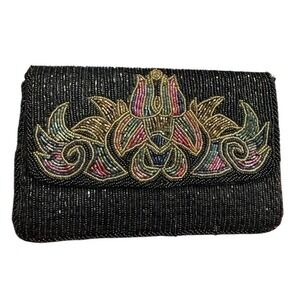 Regale LTD Black Beaded Clutch Evening Bag Floral Embellishment